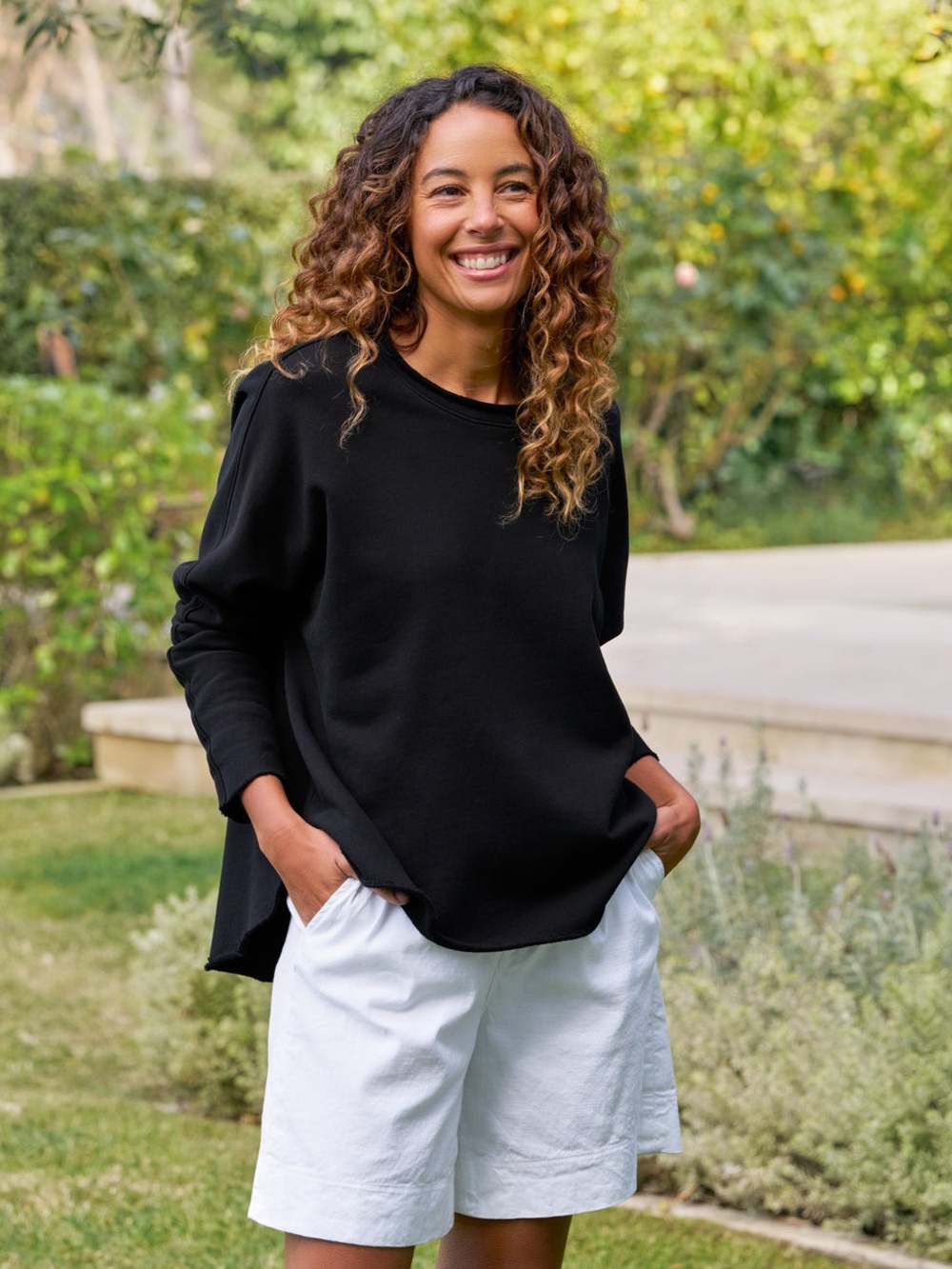 Frank & Eileen Anna Long Sleeve Capelet Sweatshirt French Terry Black Medium